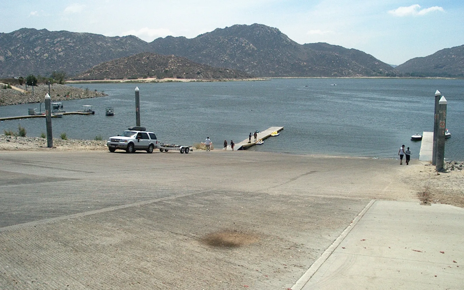 Boats and dock at the boat launch facility on Lake Perris State Recreation Area